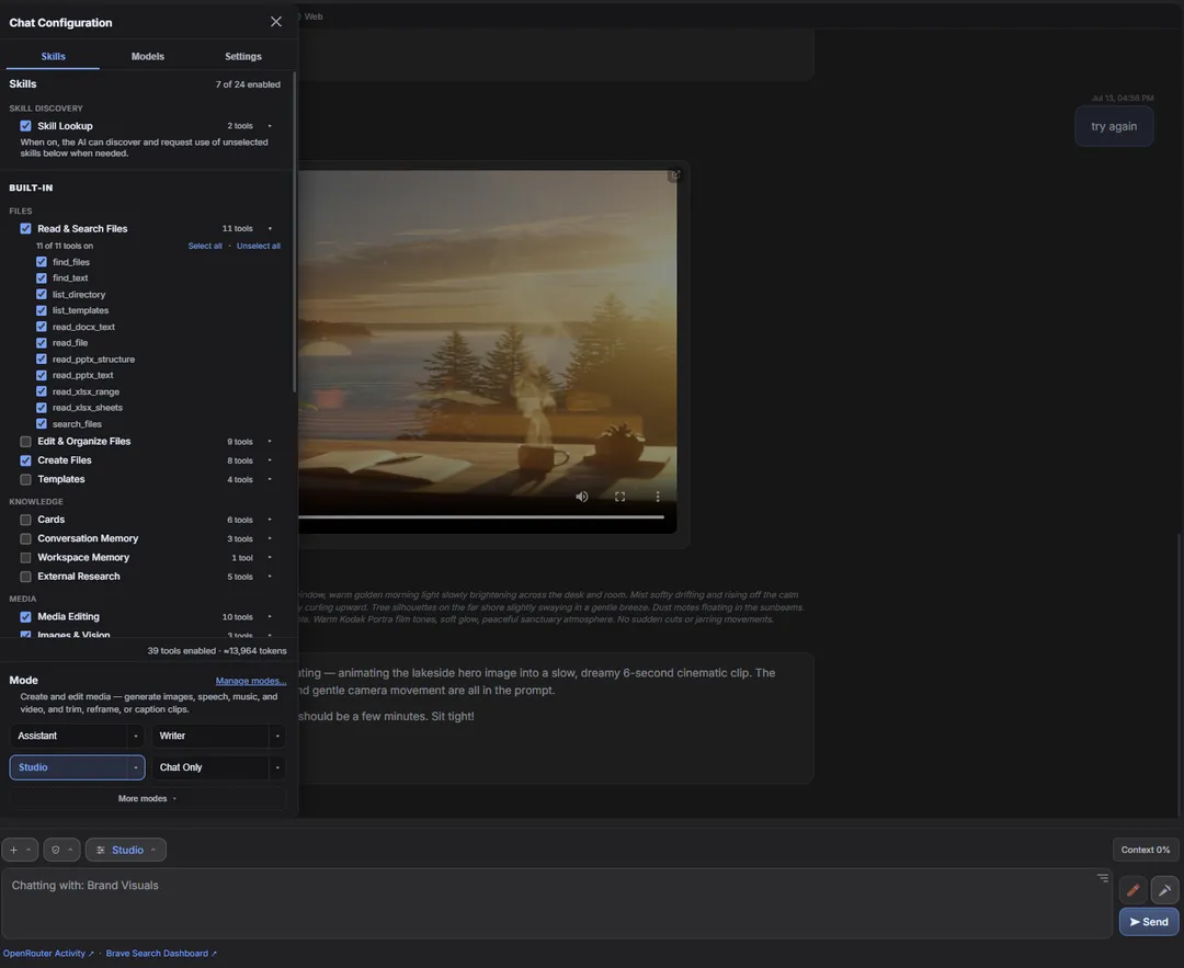 Chat Configuration panel with per-skill tool checkboxes, a live token estimate, and a mode picker