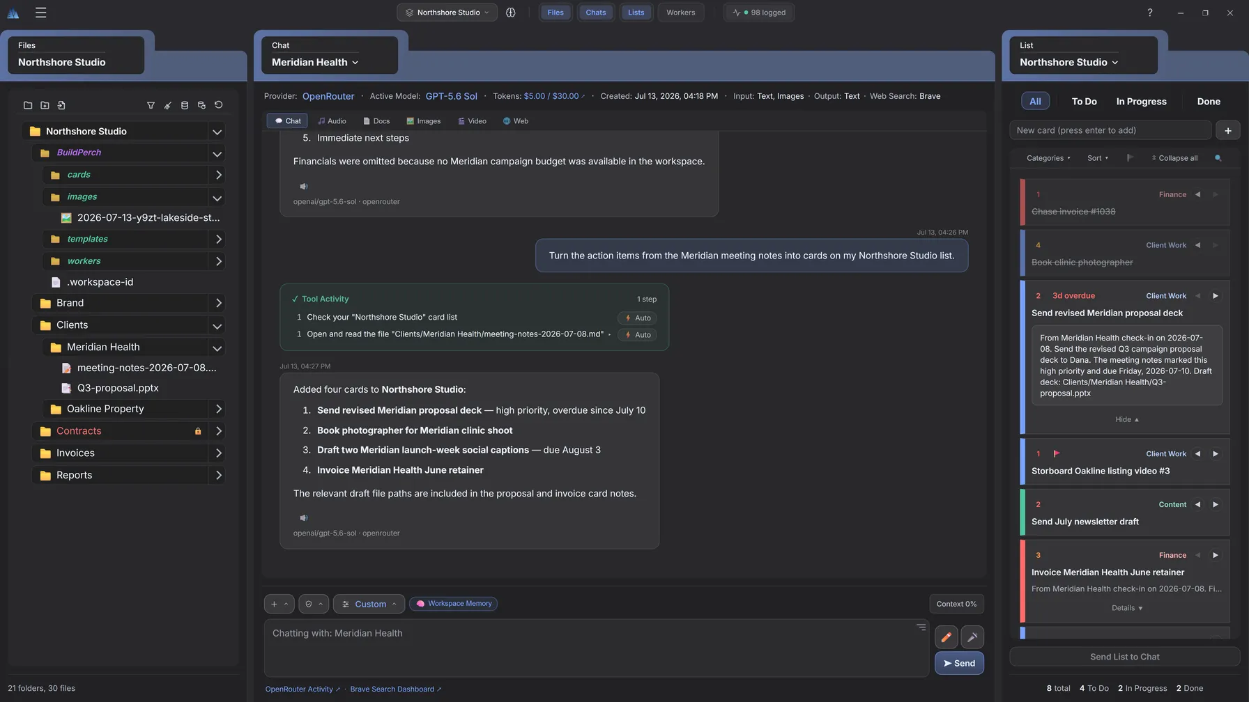 Build Perch chat showing tool activity rows, a formatted research answer, the model stamp, and the context meter