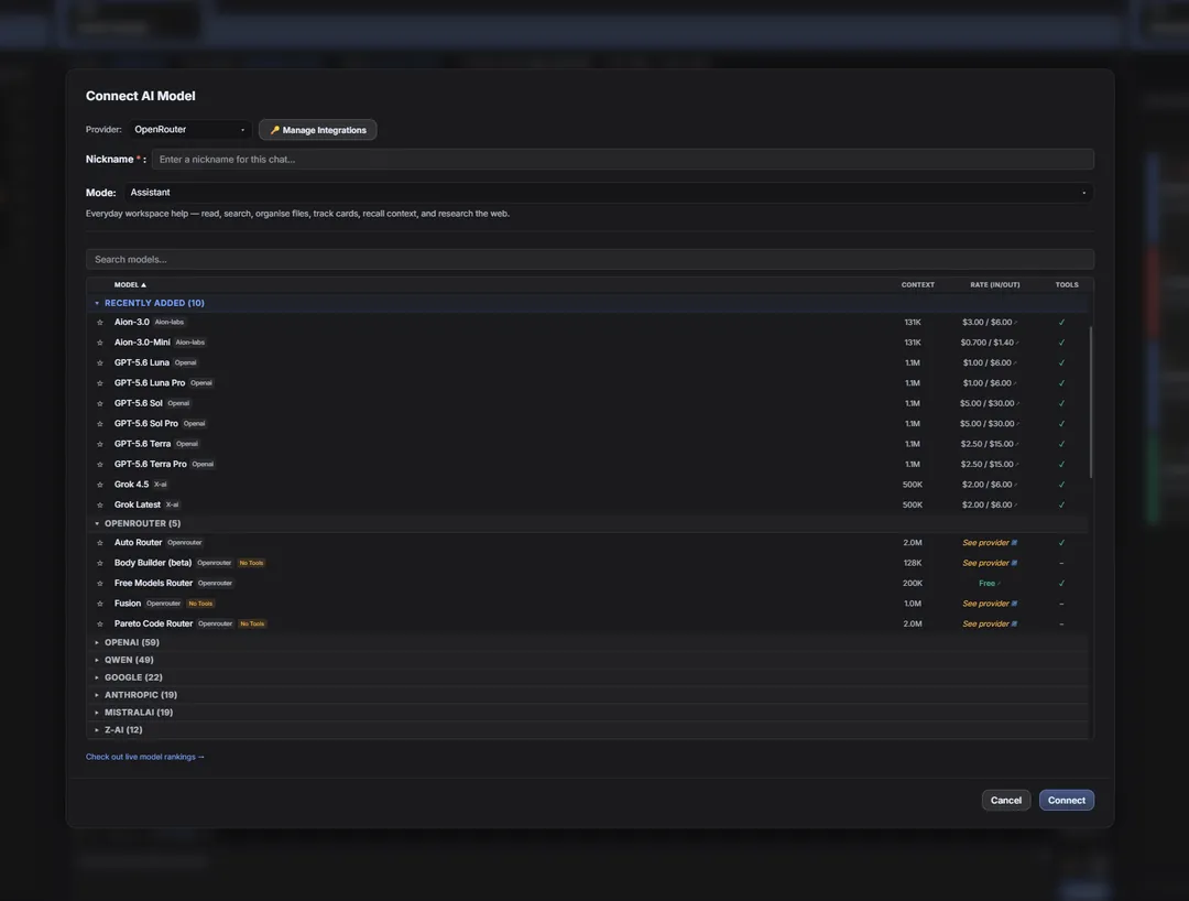 Connect AI Model dialog listing models grouped by provider, with context size, rate, and tool-support columns