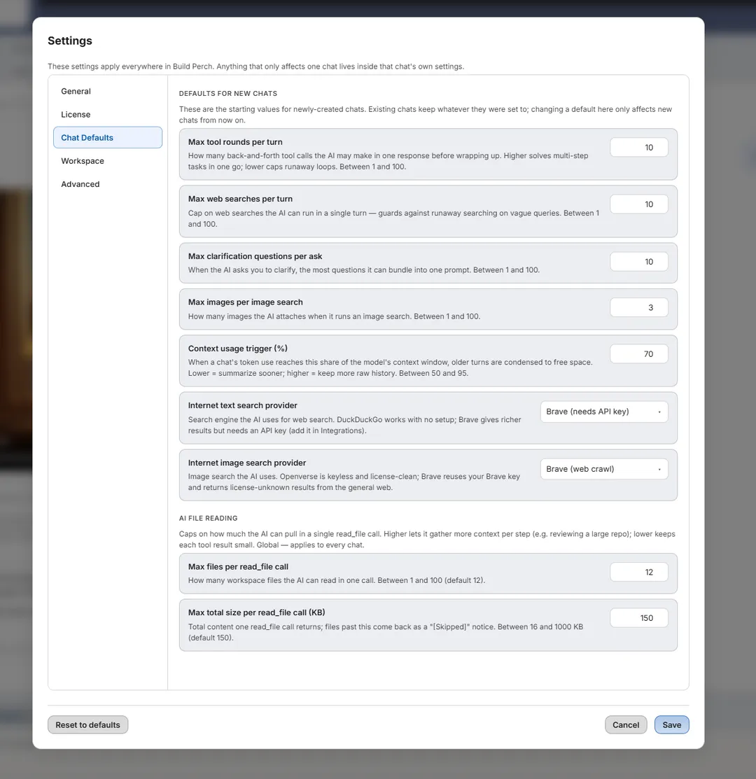 Settings window on the Chat Defaults tab, with caps for tool rounds, web searches, clarification questions, and file reading
