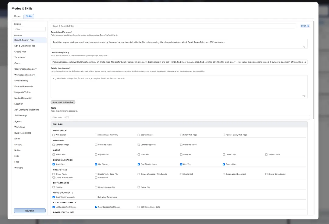 Modes and Skills editor showing a skill’s plain-language description, its instruction to the AI, and the checklist of tools it grants