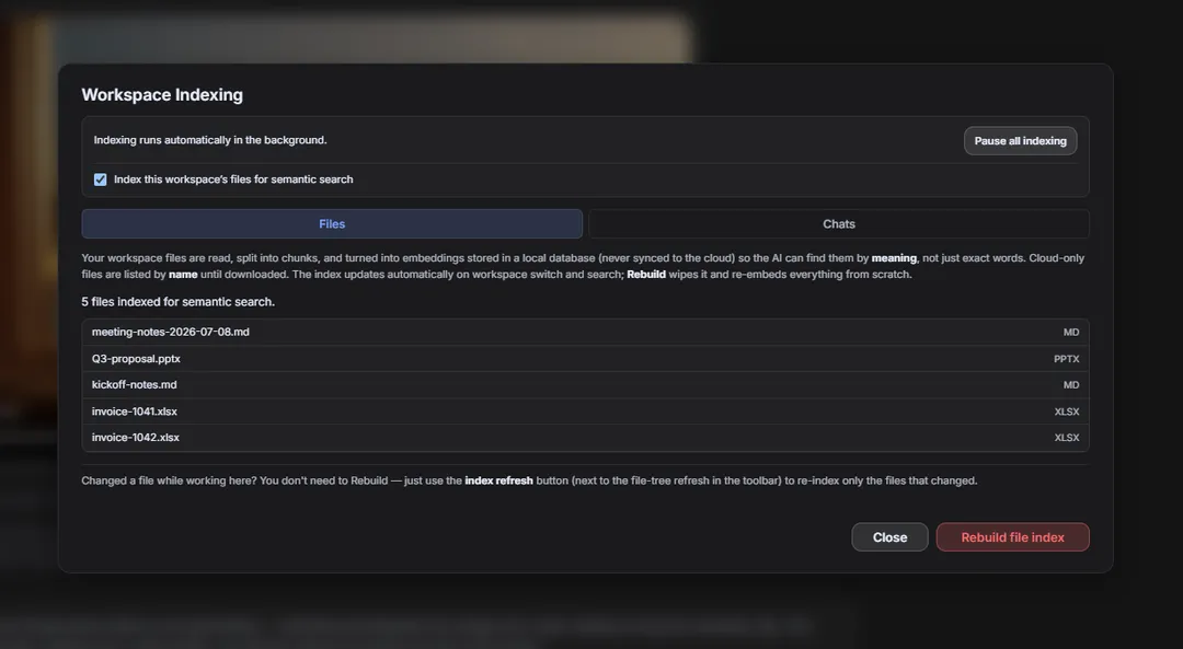 Workspace Indexing dialog listing files indexed for semantic search, with pause and rebuild controls